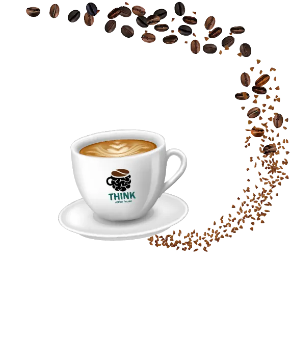 A cup of Think Coffee House coffee with a swirl of beans